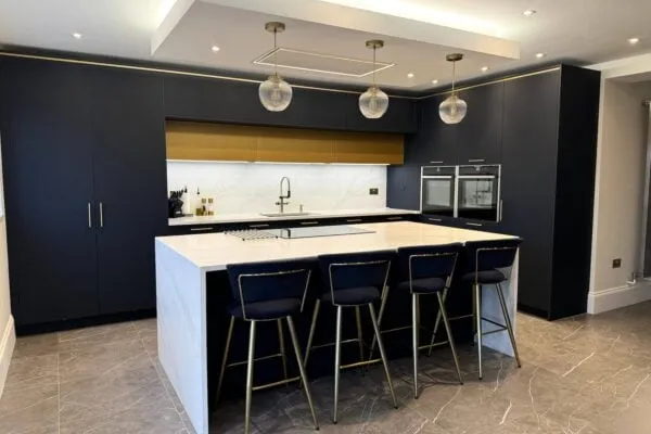 Navy Blue Kitchen featuring contrasting quartz worktop